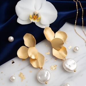 Golden Blooms & Pearl Drops Vintage Dangle Earrings Dainty Timeless Elegance